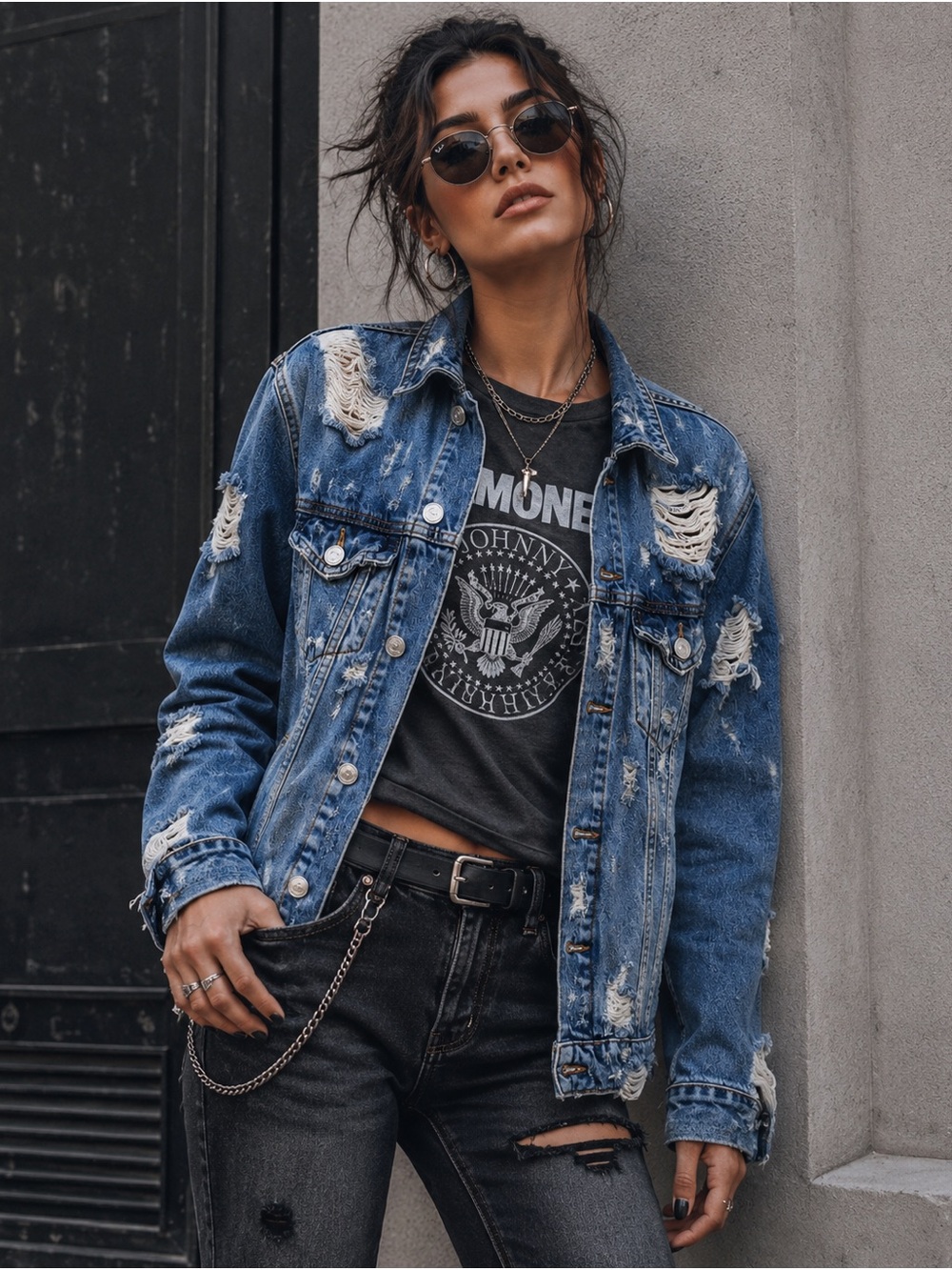 Zara Cotton Distressed Rippec Blue Medium Wash Denim Trucker Jacket Size Small